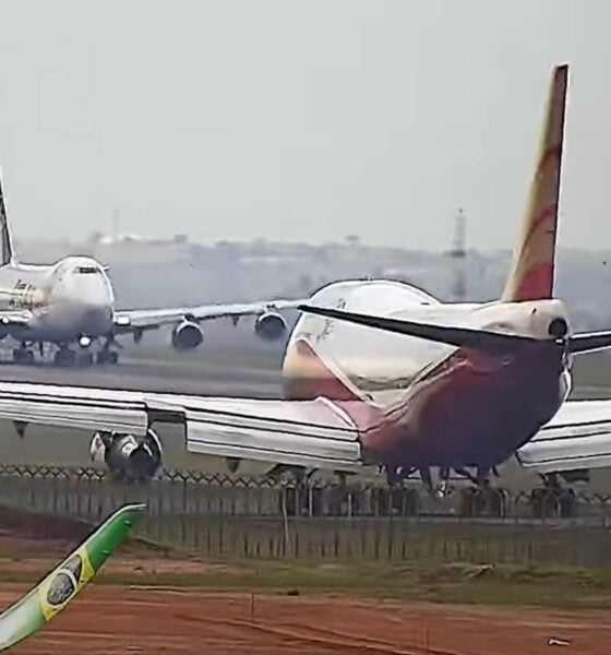 Esplêndidas cenas exibem uma aterrissagem seguida de um decolagem de imensos Jumbo Jets em Campinas-SP