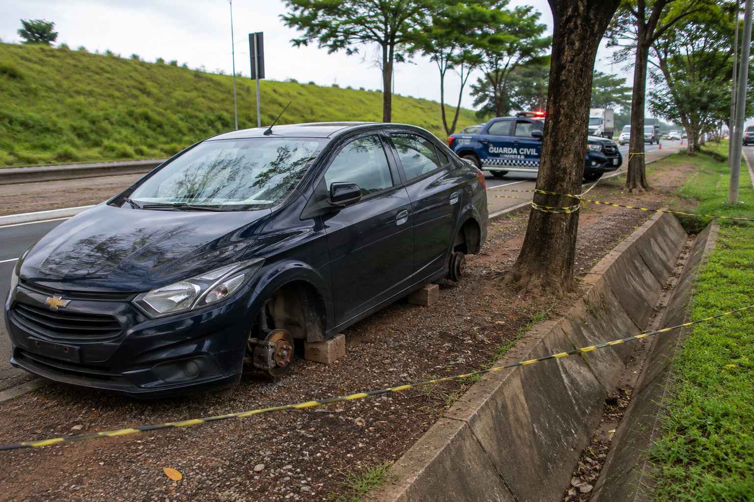 Chevrolet azul-escuro encontrado sem as quatro rodas às margens da Rodovia Santos Dumont, em Indaiatuba.