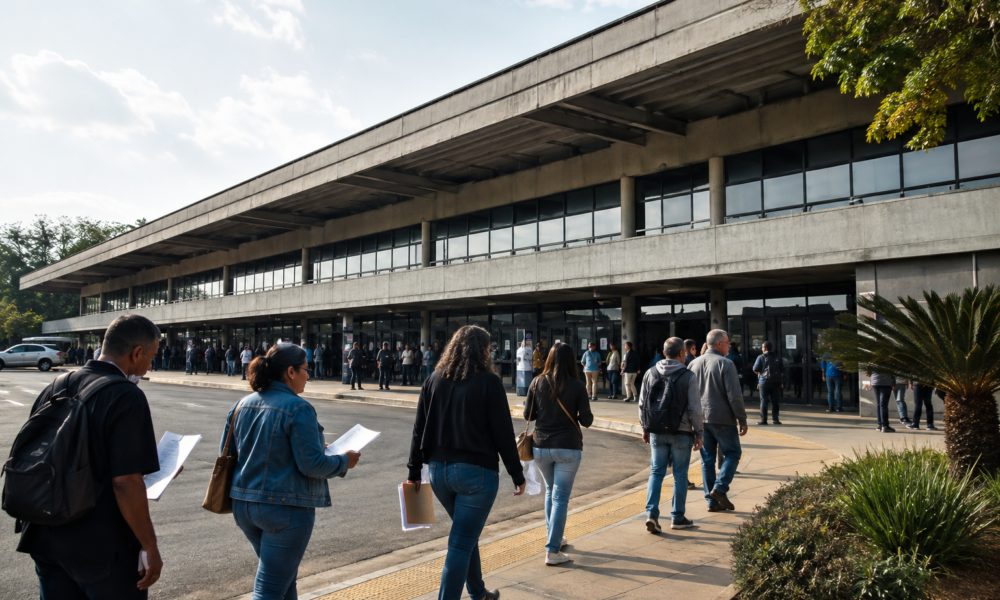 Trabalhadores com currículos chegando ao Terminal Rodoviário de Indaiatuba para ação com vagas de emprego.
