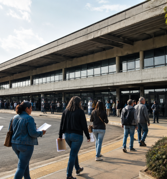 Trabalhadores com currículos chegando ao Terminal Rodoviário de Indaiatuba para ação com vagas de emprego.