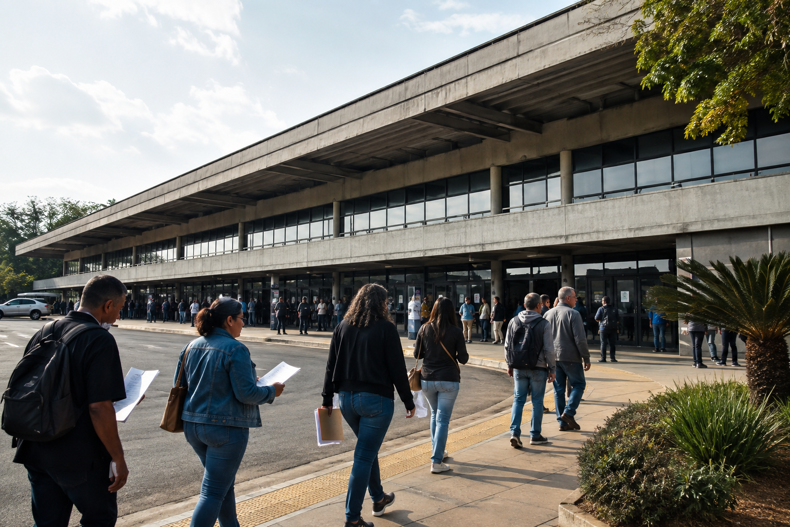 Trabalhadores com currículos chegando ao Terminal Rodoviário de Indaiatuba para ação com vagas de emprego.